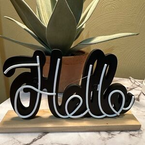 Hello Shelf Sitter Sign / Tabletop Decor Black Wood with White Metal NWT
